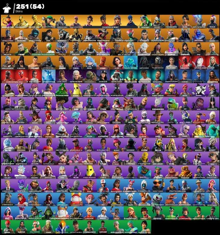 F859 251 Skins: World Warrior, Fishstick World Cup, Old PvE, 243 Pickaxes, 186 Emotes, 207 Gliders, Tournament Earnings (G)